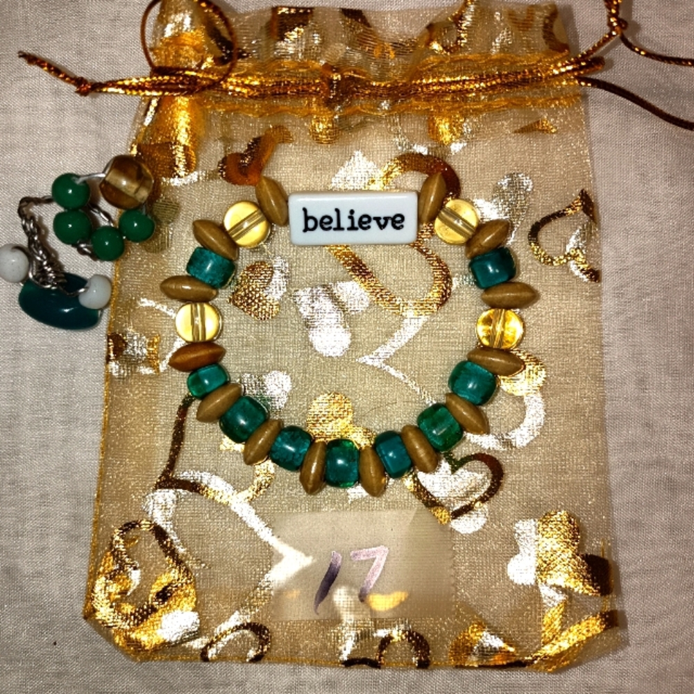 Green/white with wood accent beaded statement "BELIEVE" bracelet/wire ring set